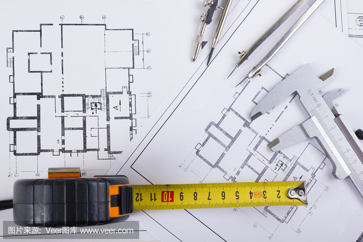 建筑工程,蓝图,分度罗盘,卡尺,铅笔,计算器